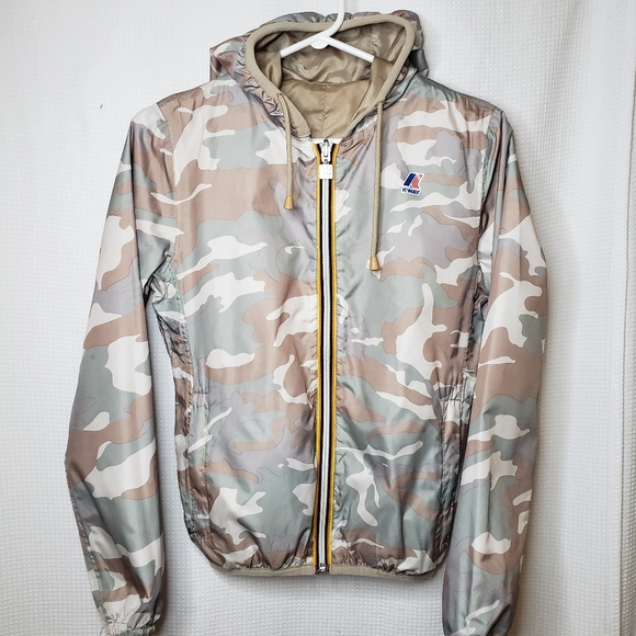 K-Way Kids Boys Girls 10-12 Army Camo REVERSIBLE Packable Windbreaker Jacket - Picture 2 of 10